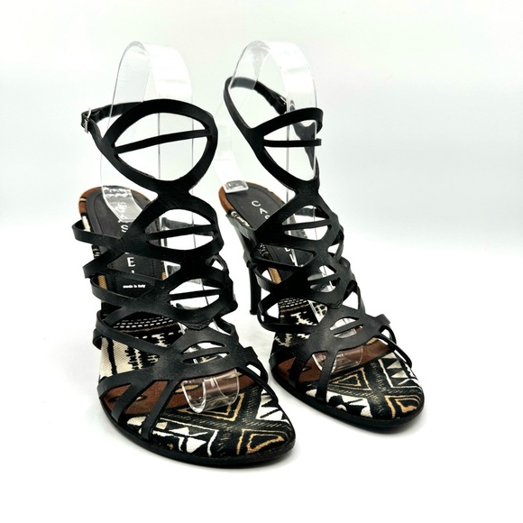 CASADEI BLACK LETTER STRAPPY SANDALS ANKLE BROWN NEUTRAL HEELS TRIBAL SANDALS 7 - Picture 11 of 15